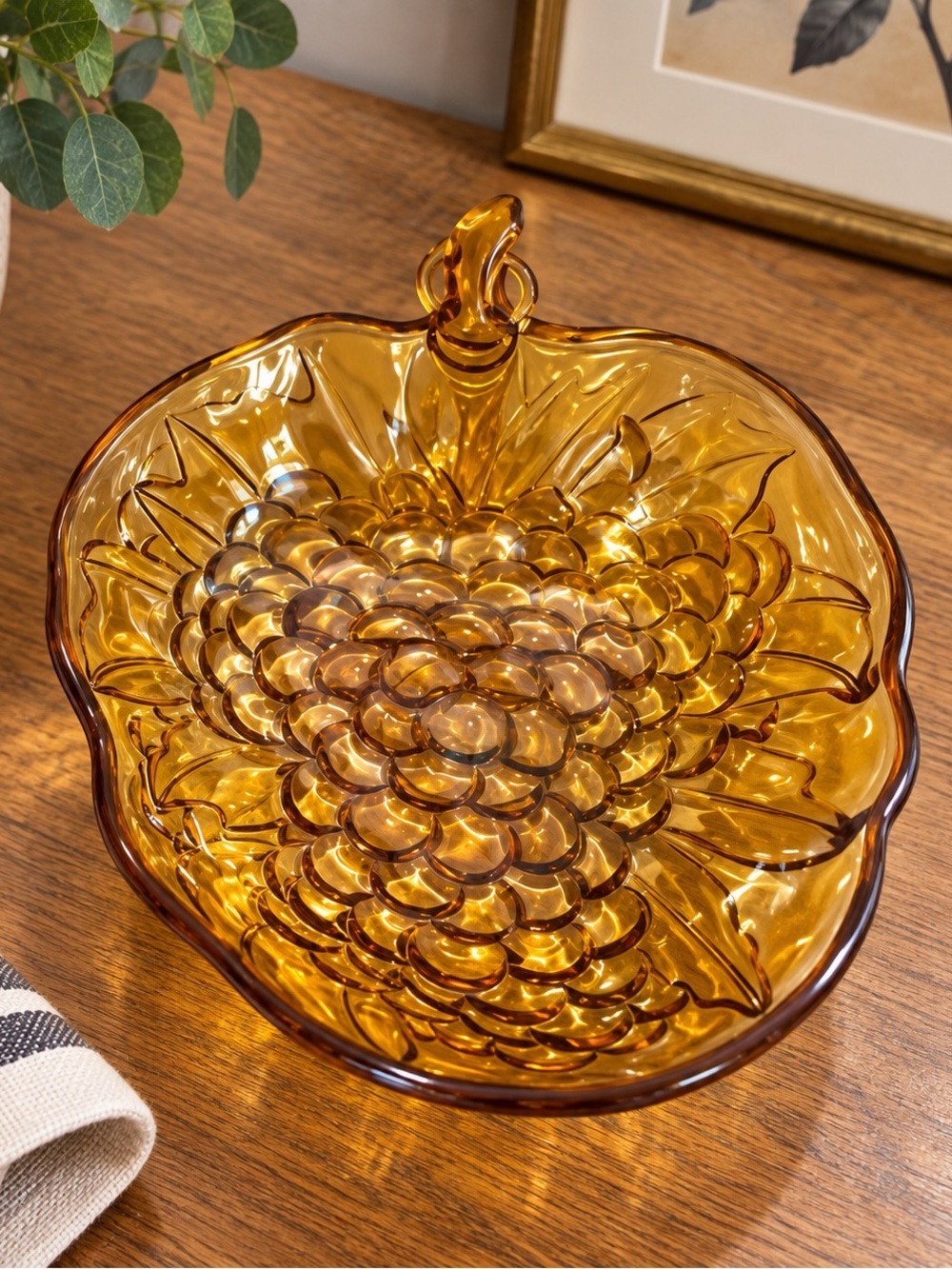 Vintage Amber Iridescent Glass Dish – Grapes Shape